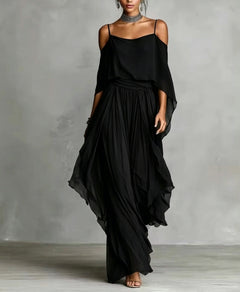 Grey off-shoulder flowy camisole and trousers chiffon set