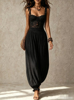 Grey Lace Bandeau and Pleated Cotton Harem Pants Set
