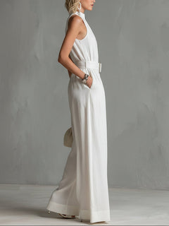 Elegant Urban Belted Sleeveless Wide-Leg Jumpsuit