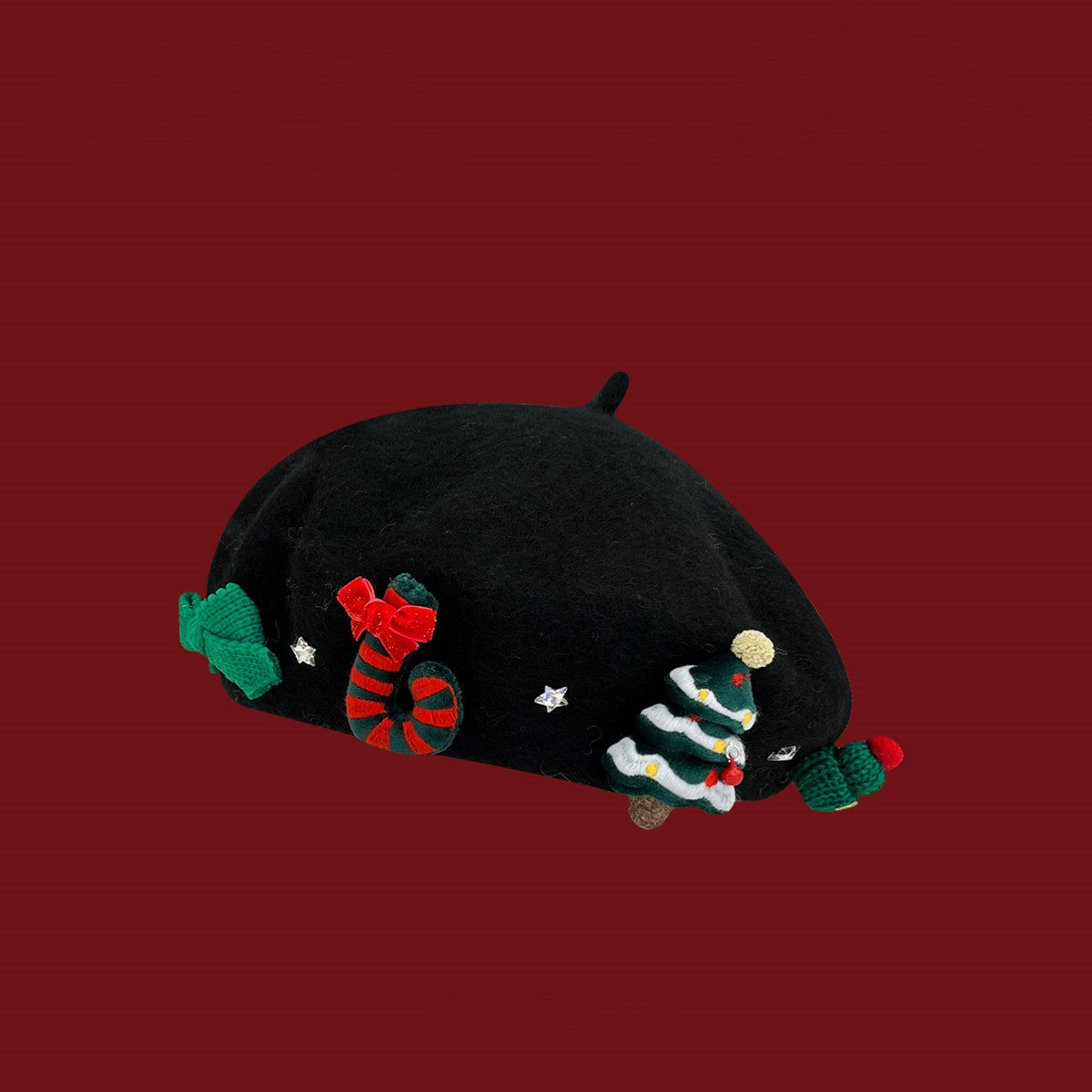Christmas-themed patchwork red wool beret