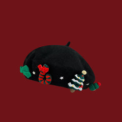 Christmas-themed patchwork red wool beret
