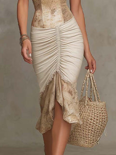 Beige Bohemian Lace Trim Ruched Midi Dress