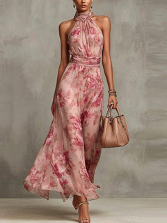 Green Floral Chiffon Halter Maxi Dress