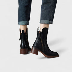 Classic Leather Ankle Boots with Side Zipper and Block Heel