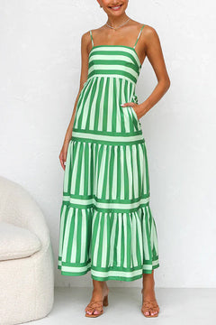 Spaghetti Strap Tiered Color Block Striped Maxi Dress