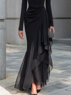Black Draped Off Shoulder Cowl Neck Long Sleeve Chiffon Ruffle Mermaid Maxi Dress