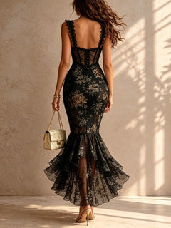 Black Romantic Floral Midi Mermaid Dress with Lace Trim