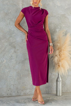 Ruched Cap Sleeve Side Slit Bodycon Midi Dress