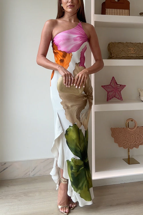 One Shoulder Side Draped Ruffle Slit Floral Print Maxi Dress