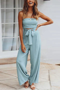 Margovil Off Shoulder Bow Tie Waist Wide Leg Jumpsuit