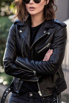 Vintage Lapel Zip Up Faux Leather Moto Jacket