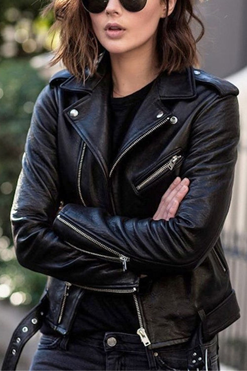 Vintage Lapel Zip Up Faux Leather Moto Jacket