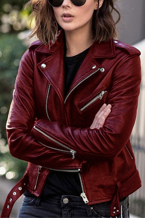 Vintage Lapel Zip Up Faux Leather Moto Jacket