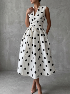 Black‑and‑White Classic Polka Dot French Sleeveless Midi Dress