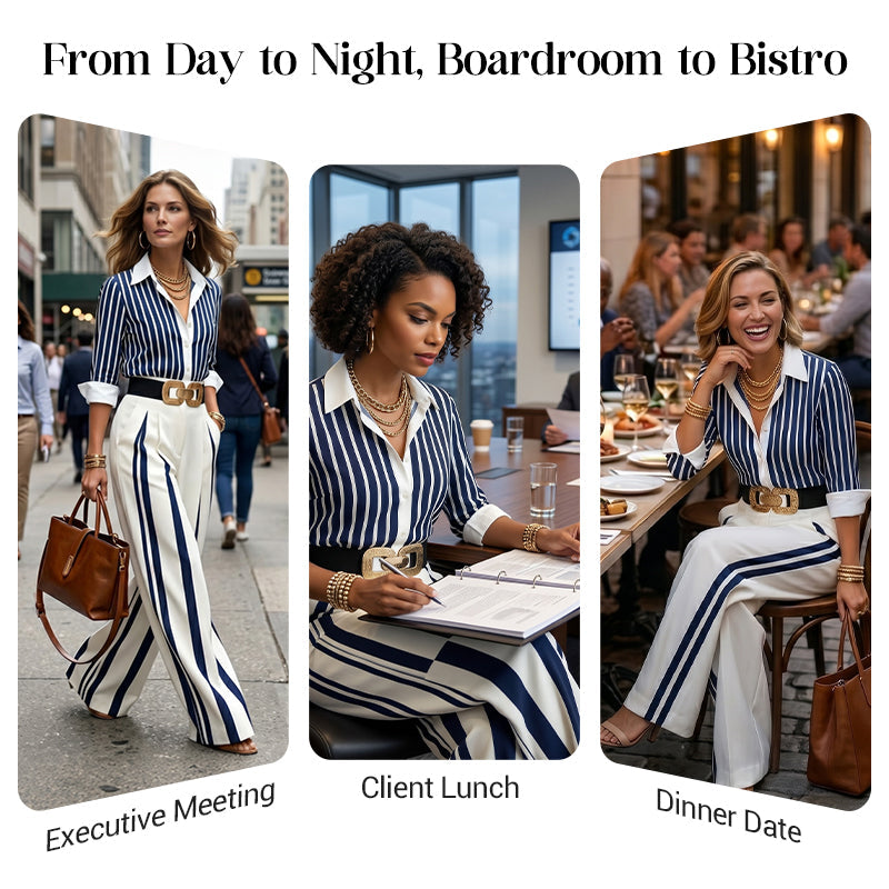 ⏳Time-Limited Special⏰Women's Striped Shirt & Wide-Leg Pants 2-Piece Set