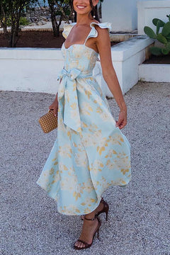 Ruffled Shoulder Bow Knot Waist Slit Printed Vintage Party Dress