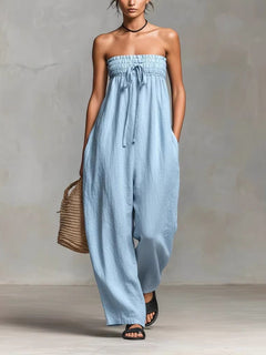 Black Minimalist Loose-fitting Faux Linen-blend Strapless Jumpsuit