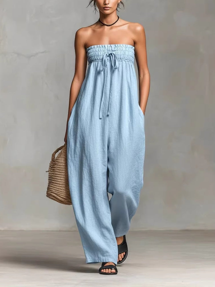 Black Minimalist Loose-fitting Faux Linen-blend Strapless Jumpsuit