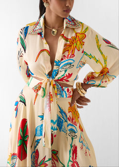 Vacation Tropical Floral Print Waist Tie Shirt & Maxi Skirt Boho Two Piece Set