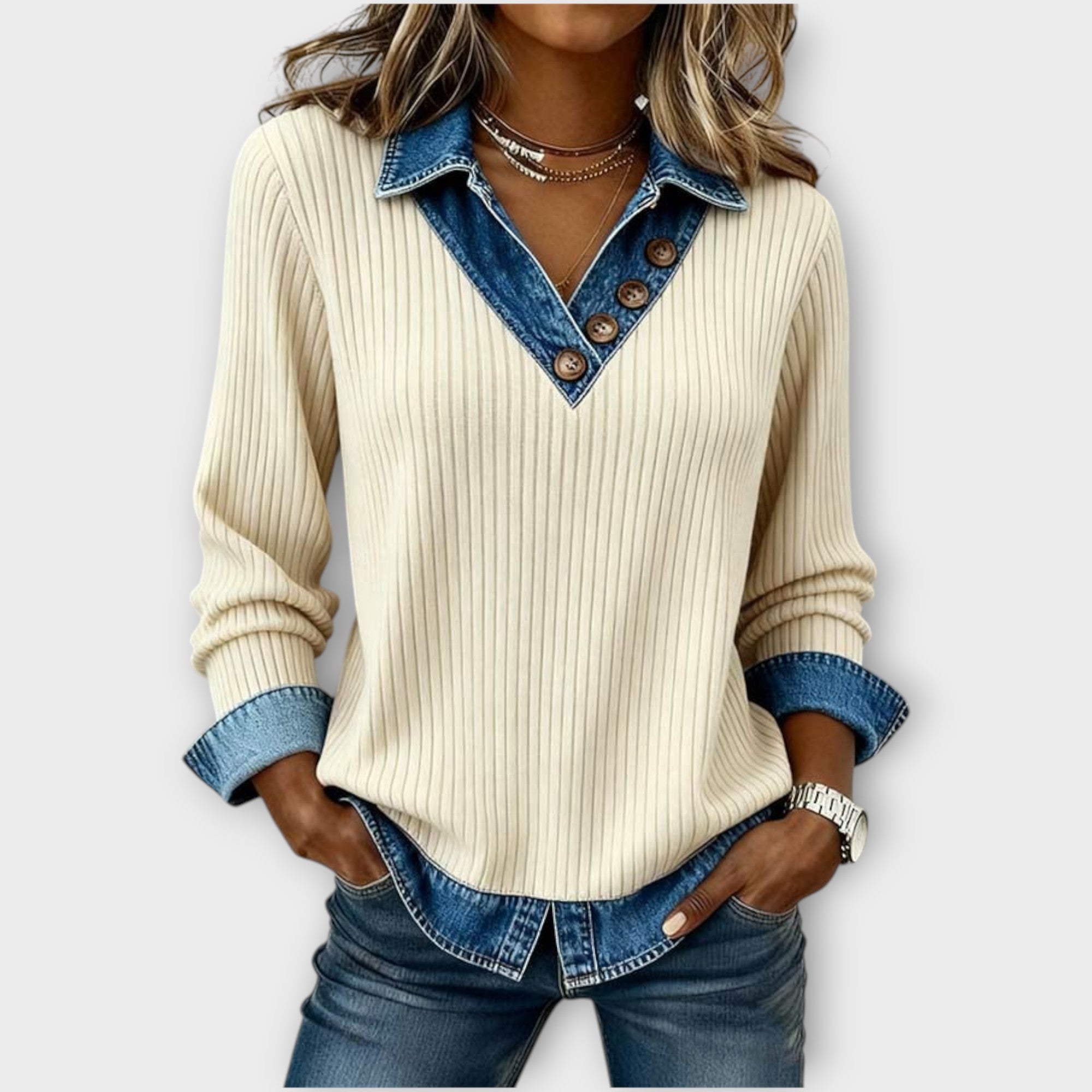 Ribbed Denim-Collar Knit Top – LinearStudio