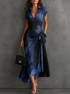 Red Black Abstract Print Wrap Midi Dress Collared V Neck Short Sleeve Tie Waist Ruffled High‑Low Hem Dress