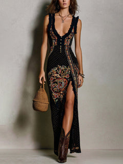 Bohemian-Style Printed Dress with Deep V-Neck and High Slit