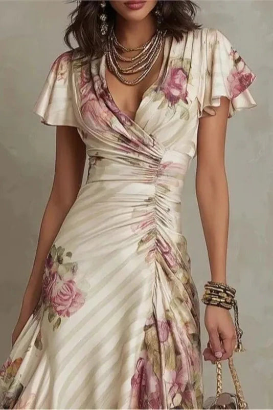 Isla - Satin Floral Wrap Midi Dress