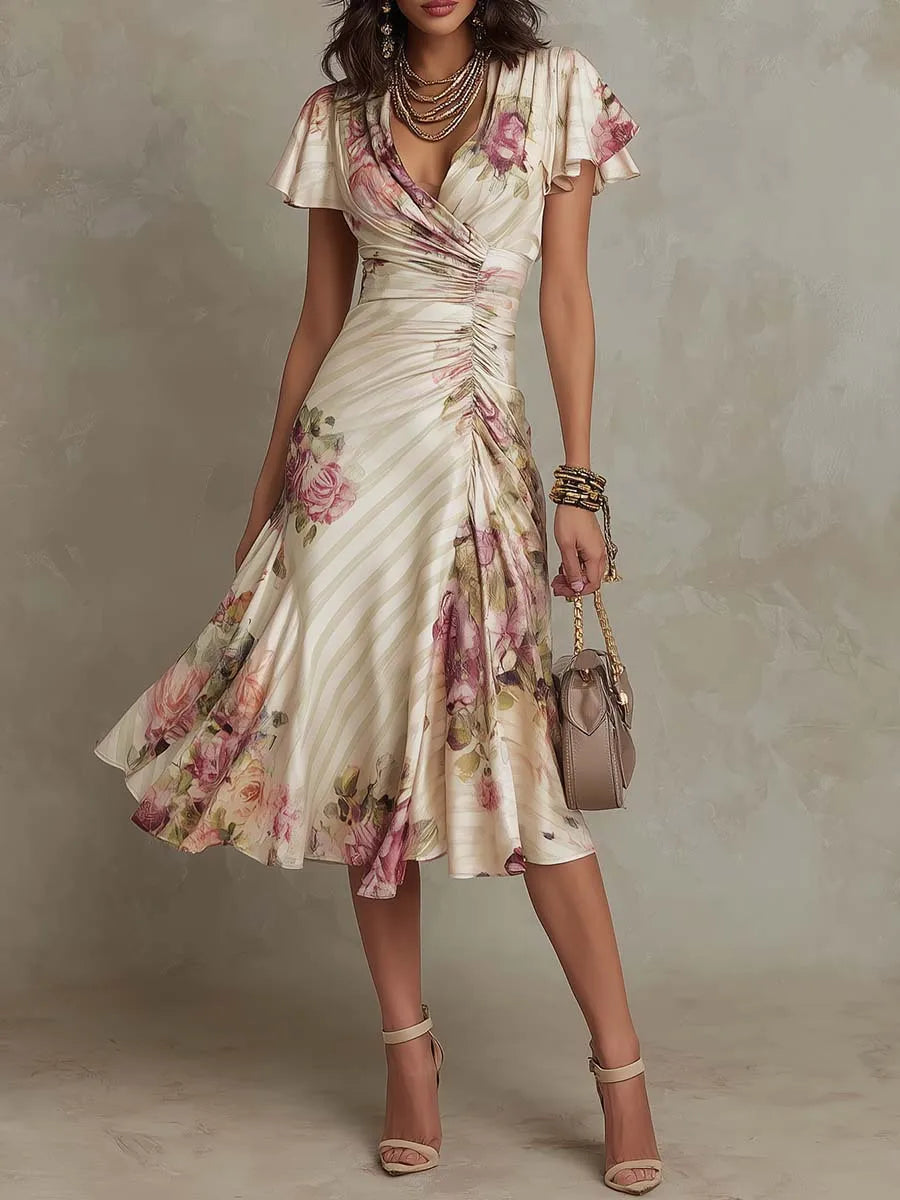 Isla - Satin Floral Wrap Midi Dress