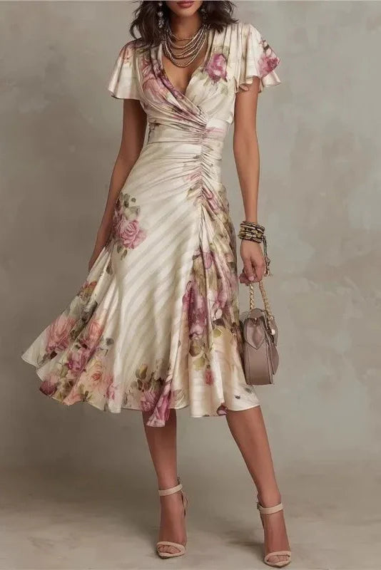 Isla - Satin Floral Wrap Midi Dress