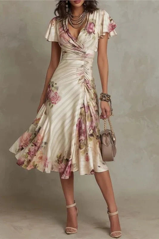 Isla - Satin Floral Wrap Midi Dress