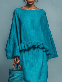 Blue Ruffled Blouse And Straight Skirt Suit