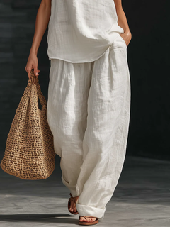 White Faux Linen V-neck Sleeveless Top And Wide-leg Pants Set