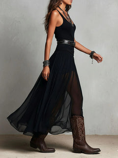 Black Sleeveless Tank Top With Tulle Skirt Maxi Dress(with belt)