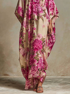 Floral Art Resort V-neck Batwing Sleeve Kaftan Maxi Dress