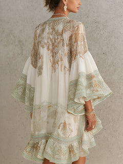 Green Print Ruffle Hem Flounce Sleeve Chiffon Mini Dress