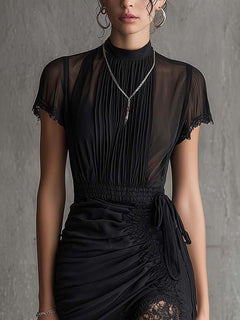 Black Chiffon Pleated Waist Lace-trimmed Mini Dress