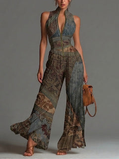 Bohemian Ethnic Print Sleeveless Zipper Pleated Wide-leg Chiffon Jumpsuit
