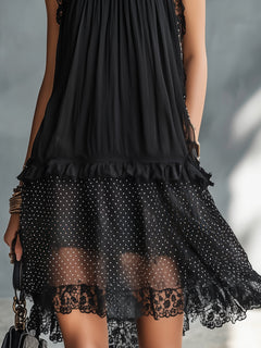 Black Lace-trimmed Ruffled Sheer Polka Dot Mini Dress