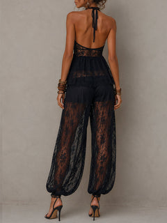 Black Backless Lace-trimmed Tank Top And Harem Pants Set