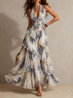 Romantic Vacation Blue And White Floral Print Halter Neck Ruffled Maxi Dress
