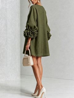 Olive Floral Button-down Mini Dress With Striking Floral Cuffs