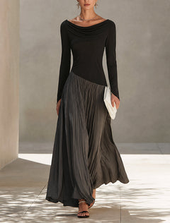 Black And Gray Two-tone Patchwork Draped Neckline Pleated Maxi Dress