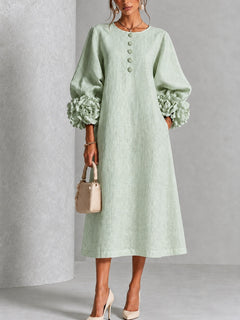 Sage Mist Floral Button-down Midi Dress With Striking Floral Cuffs