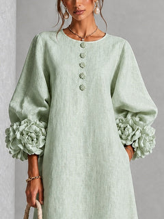 Sage Mist Floral Button-down Midi Dress With Striking Floral Cuffs