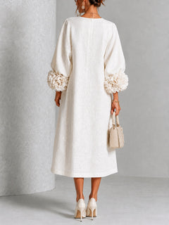 White Floral Button-down Midi Dress With Striking Floral Cuffs
