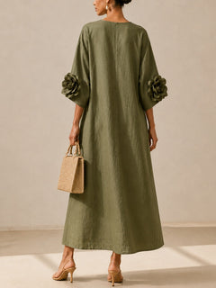 Olive Green V-neck Midi Dress With Striking Floral Cuffs