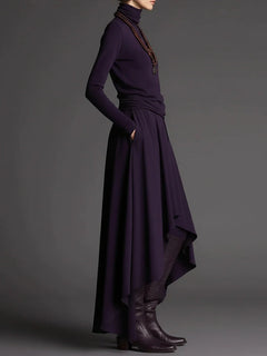 Purple Turtleneck Top and Asymmetrical Skirt Two-piece Set