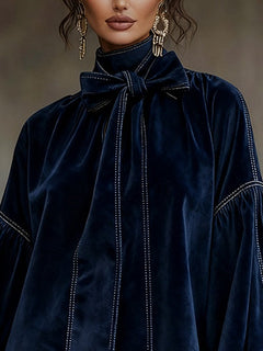 Dark Blue Velvet Bow Lantern Sleeve Mini Dress