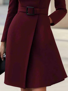 Elegant High-neck Tie-waist A-line Midi Dress (with belt)