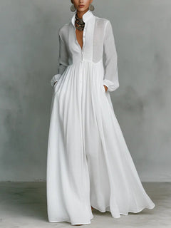 Minimalist Patchwork Single-breasted Stand-up Collar Long-sleeved Dress